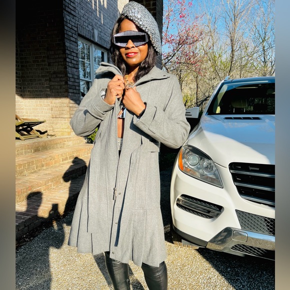 Designer Calvin Klein Womens Gray Wool Blend Long Sleeve Tie Front Coat Sz S-M - Picture 11 of 17